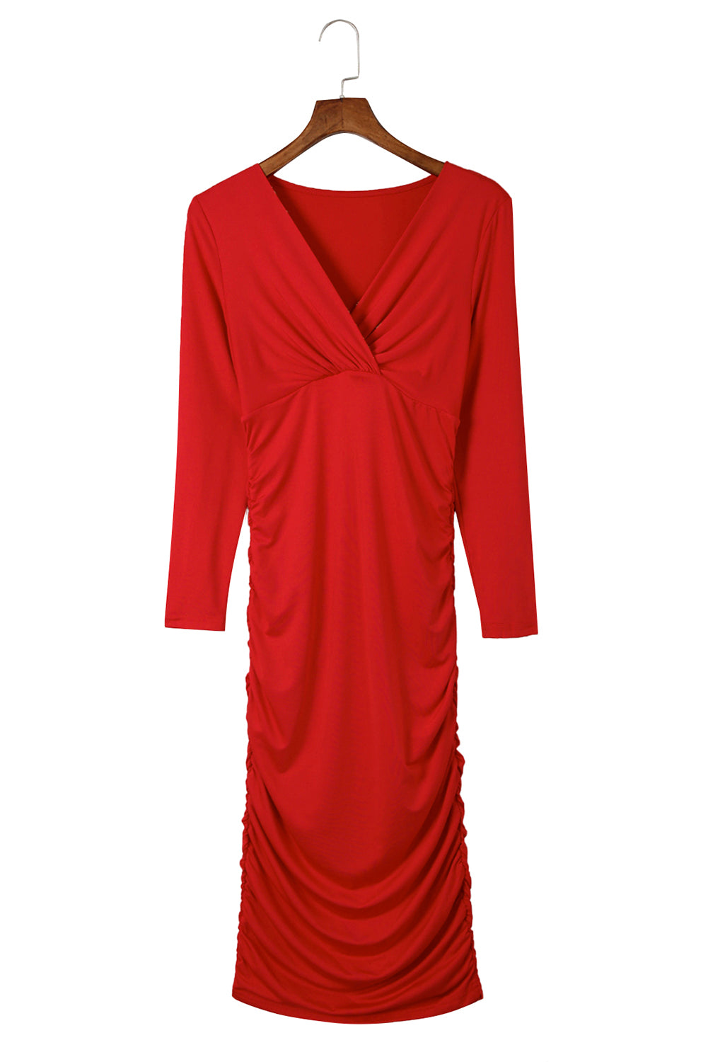 Fiery Red Long Sleeves Wrap V Neck Bodycon Dress