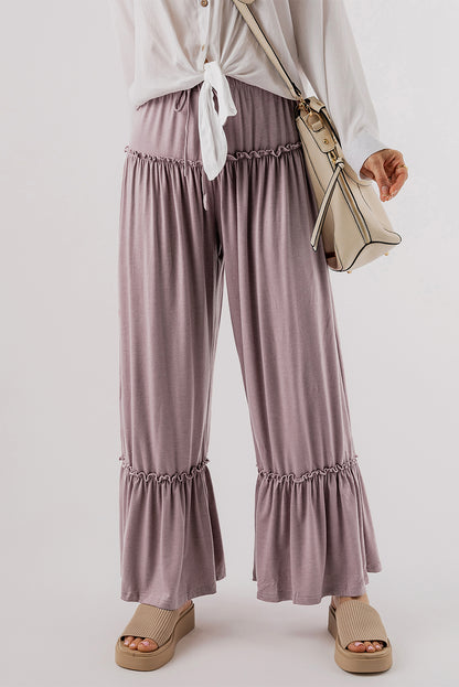 Khaki Frilled High Waist Wide Leg Pants