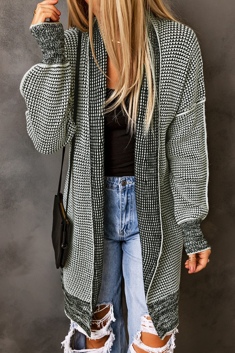 Gray Plaid Knit Long Cardigan