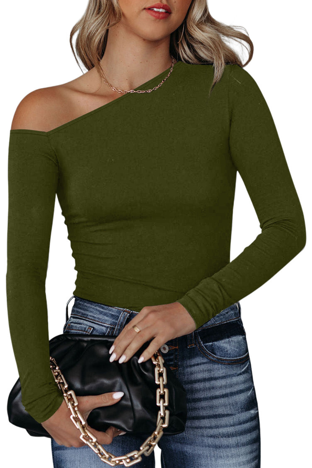 Green Asymmetrical Neckline Long Sleeve Knit Top