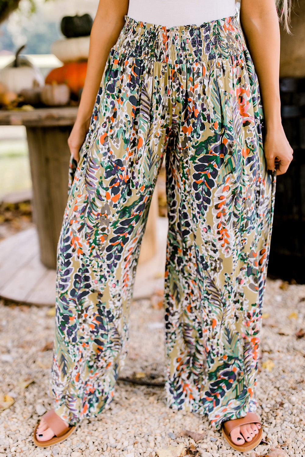 Multicolor Floral Shirred High Waist Pants