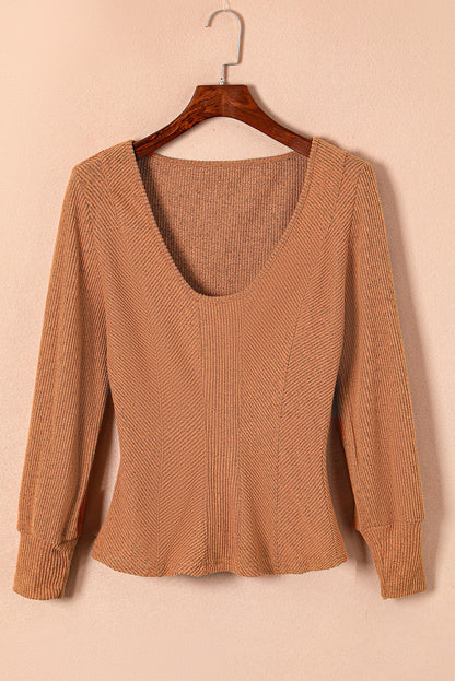 Brown U Neck Textured Long Sleeve Top