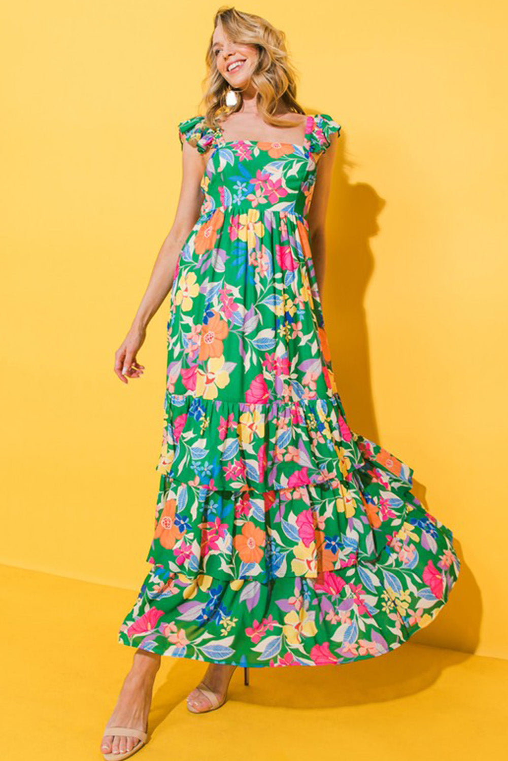 Green Floral Print Ruffle Maxi Dress