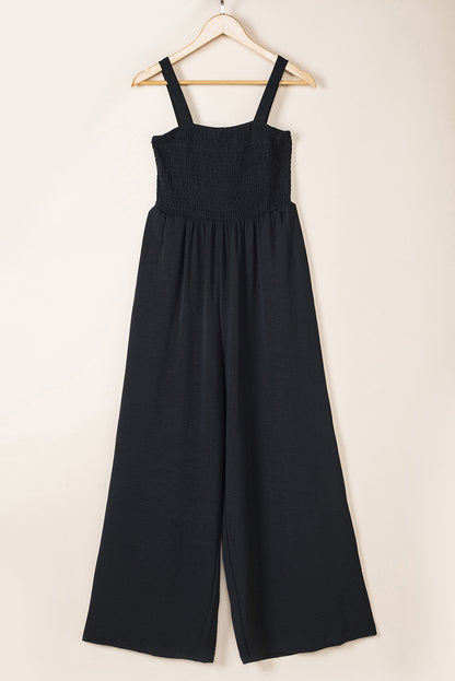 Black Smocked Sleeveless Wide Leg Jumpsuit