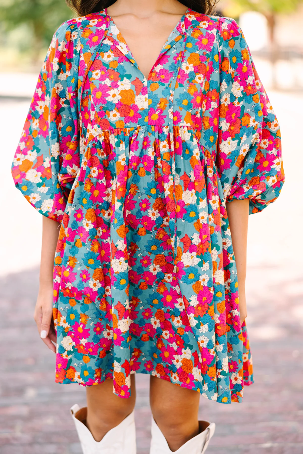 Sky Blue Floral Print Bubble Sleeve Dress