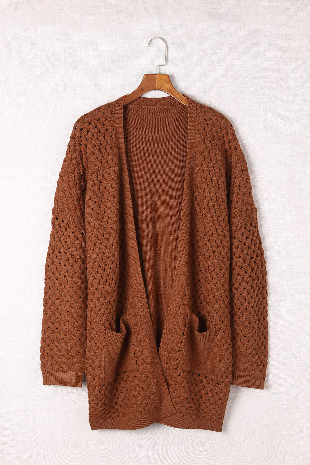 Brown Open Front Woven Texture Knitted Cardigan with Pockets