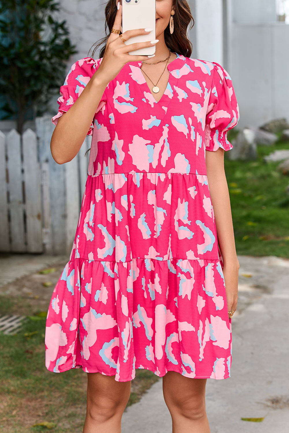 Pink Abstract Printed Puff Short Sleeve Tiered Loose Dress