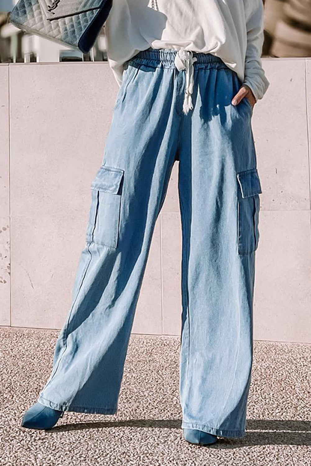 Sky Blue High Waist Cargo Jeans