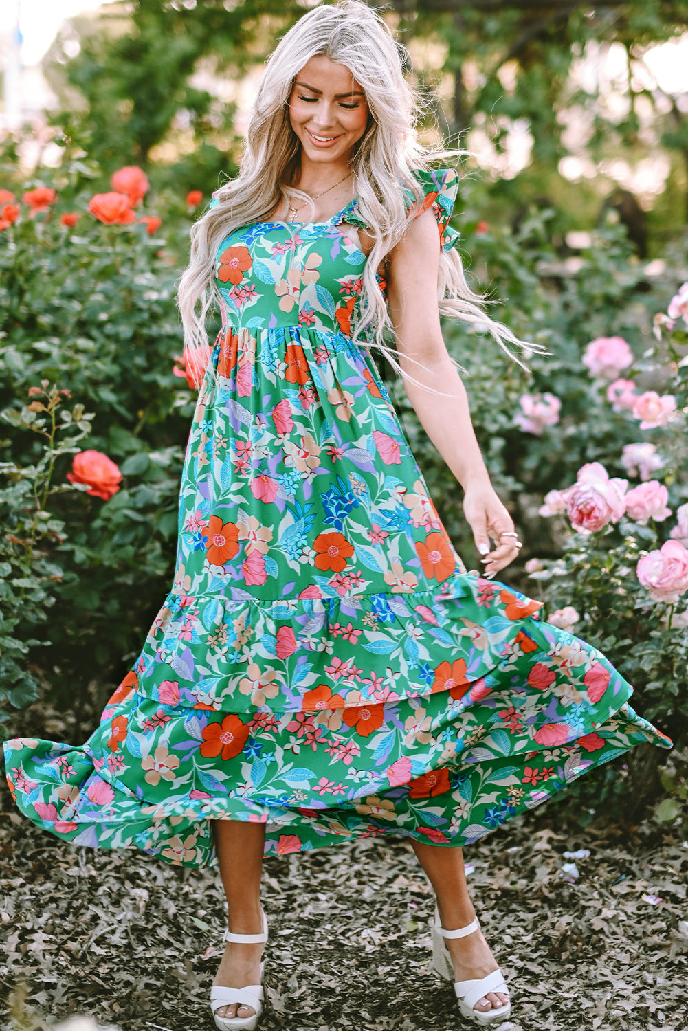 Green Floral Print Ruffle Maxi Dress