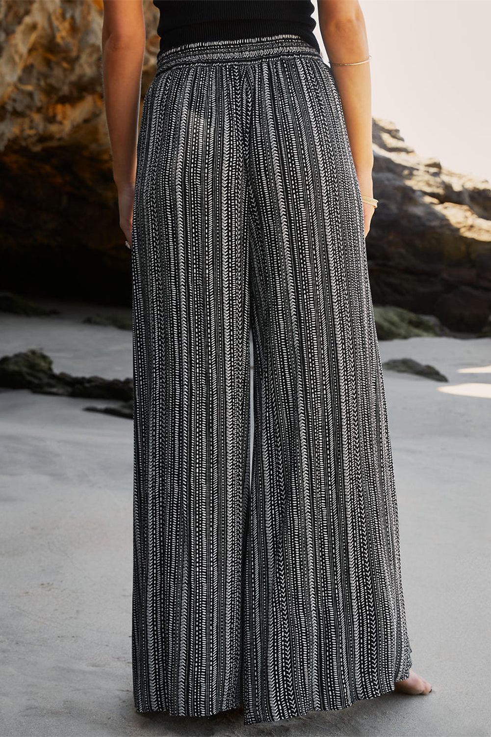 Black Striped Slit Wide Leg Pants