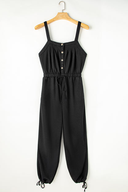 Black Knotted Straps Button Textured Drawstring Jumpsuit