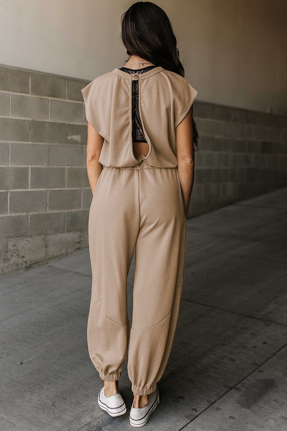 Light French Beige Back Drawstring Jogger Jumpsuit