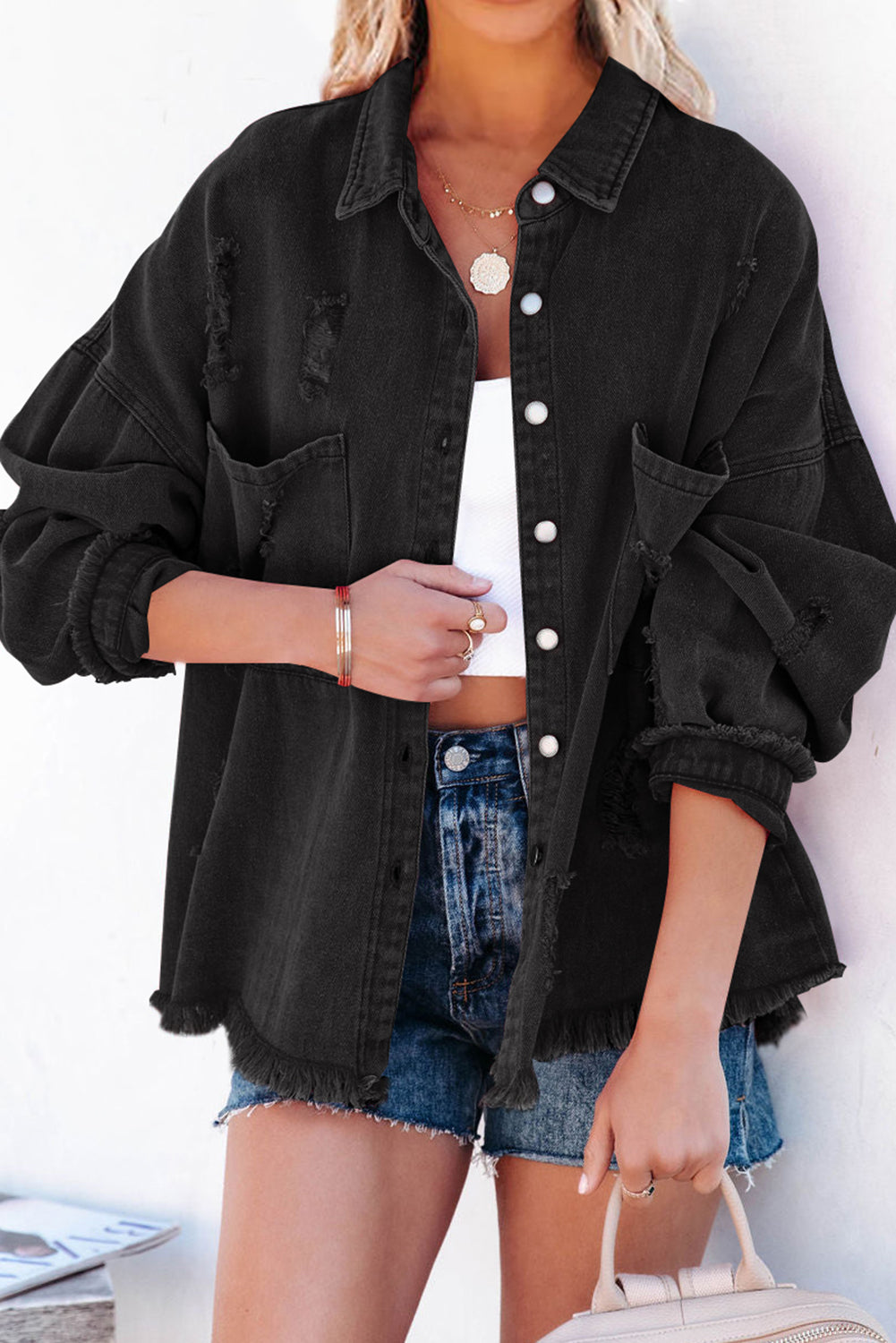 Black Distressed Fringe Trim Denim Jacket