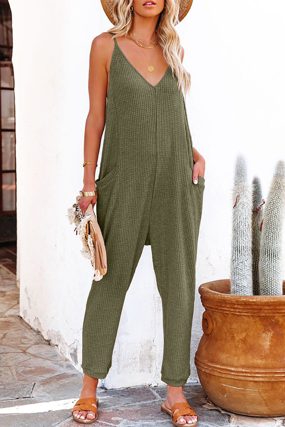 Green Textured Sleeveless V-Neck Jumpsuit