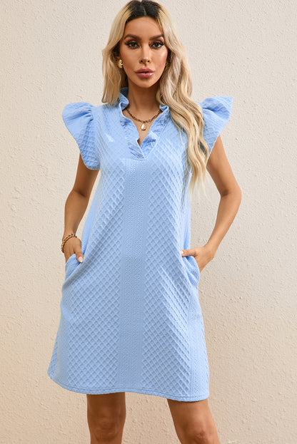 Light Blue Textured Puff Sleeve Ruffled V Neck Shift Mini Dress