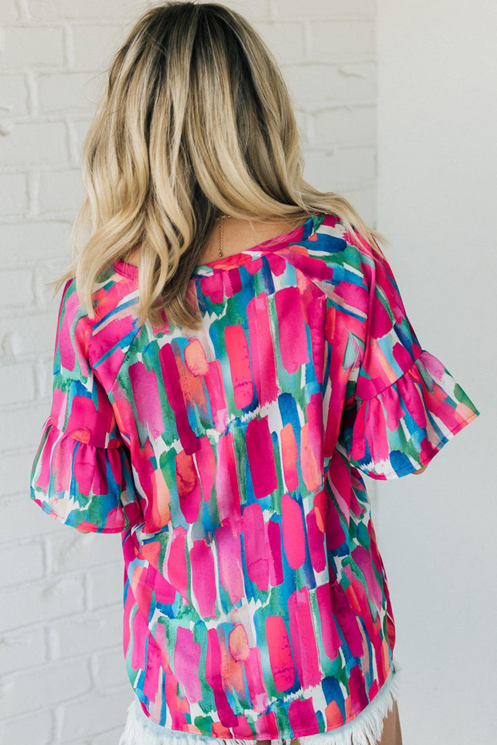 Rose Abstract Brushwork Print Buttoned V Neck Blouse