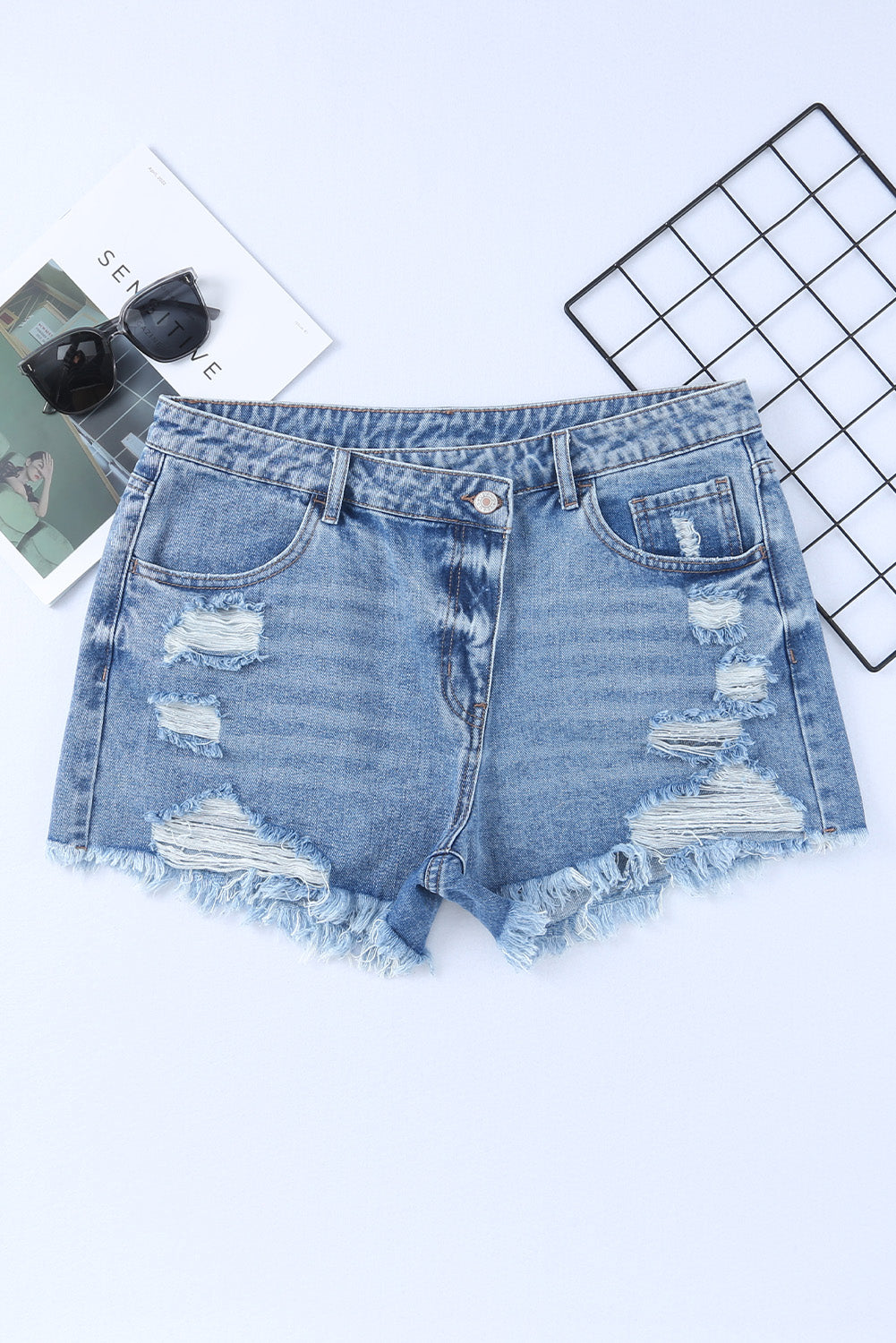 Sky Blue High Rise Crossover Denim Shorts