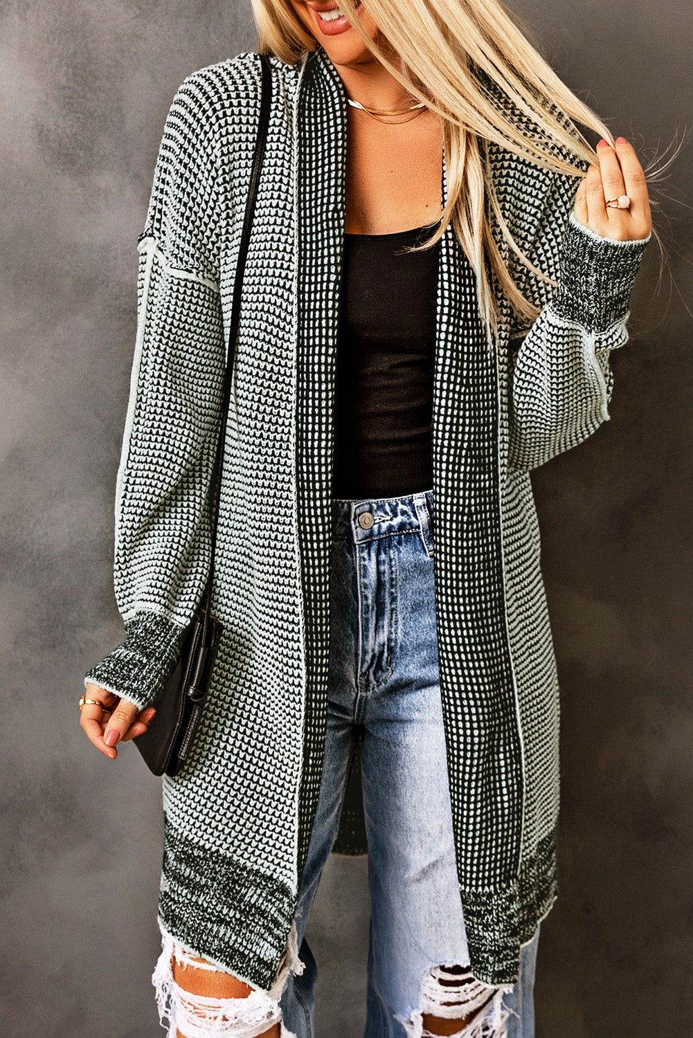 Gray Plaid Knit Long Cardigan