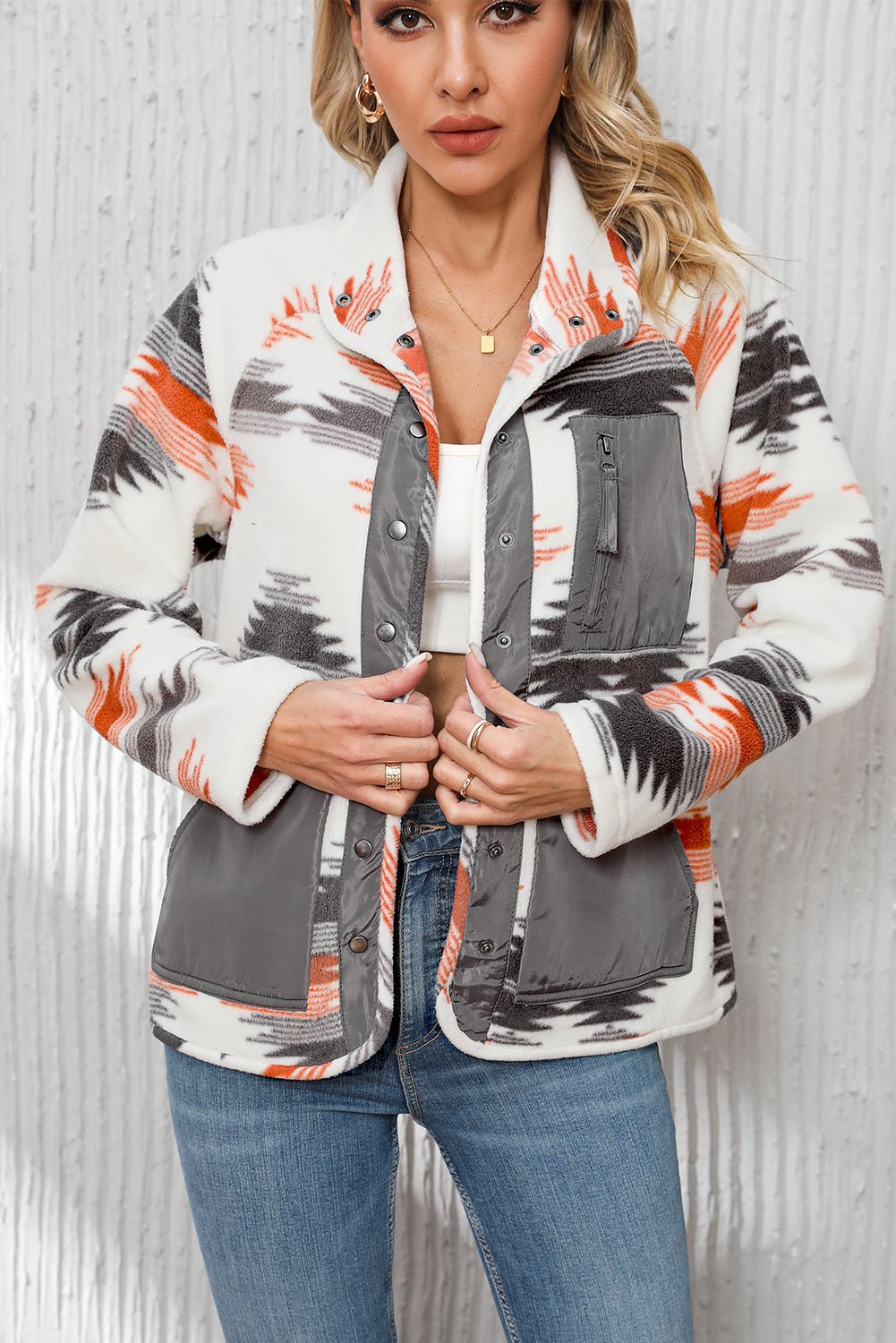 Multicolor Fleece Patchwork Snap Button Jacket