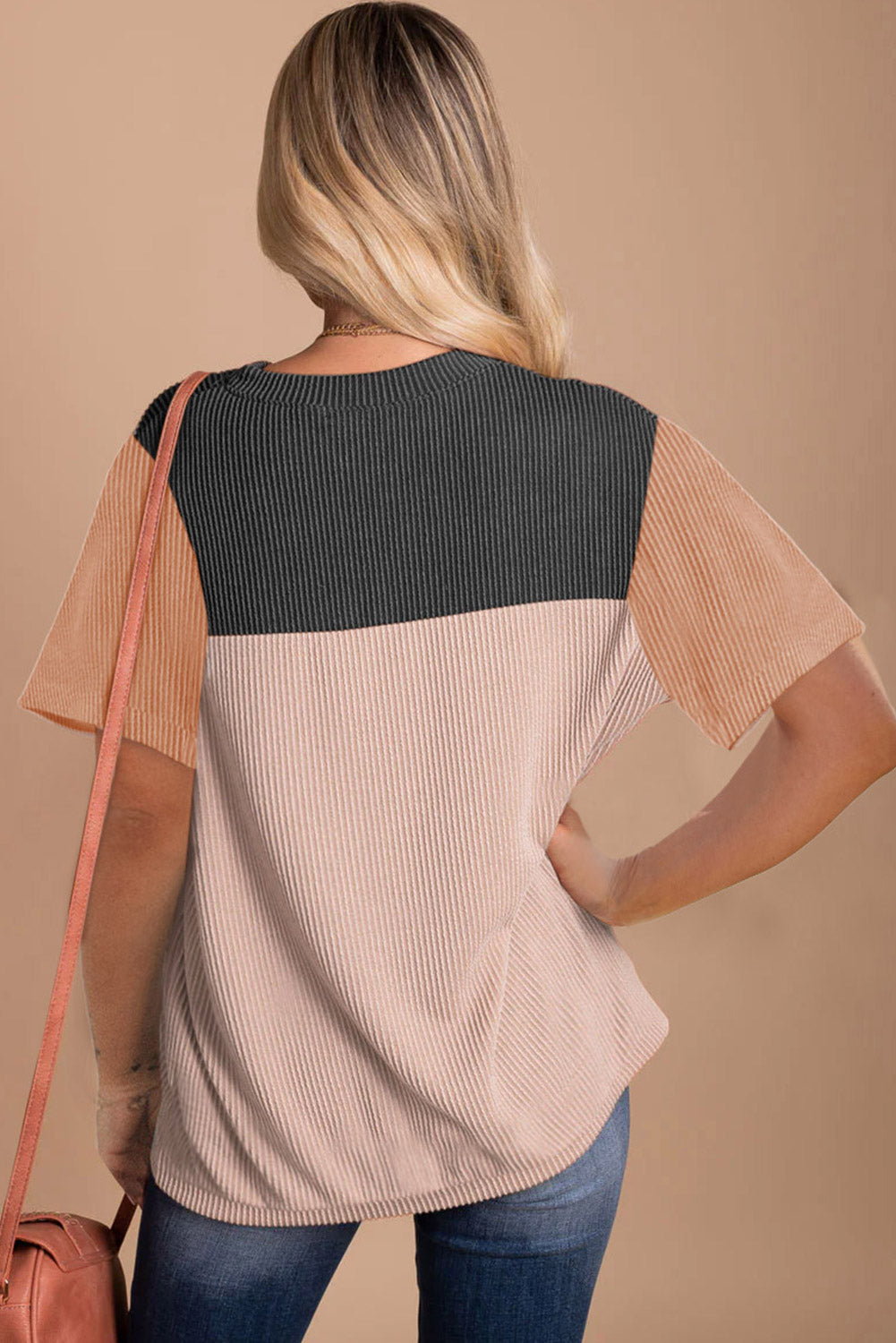 Black Rib Textured Colorblock T Shirt