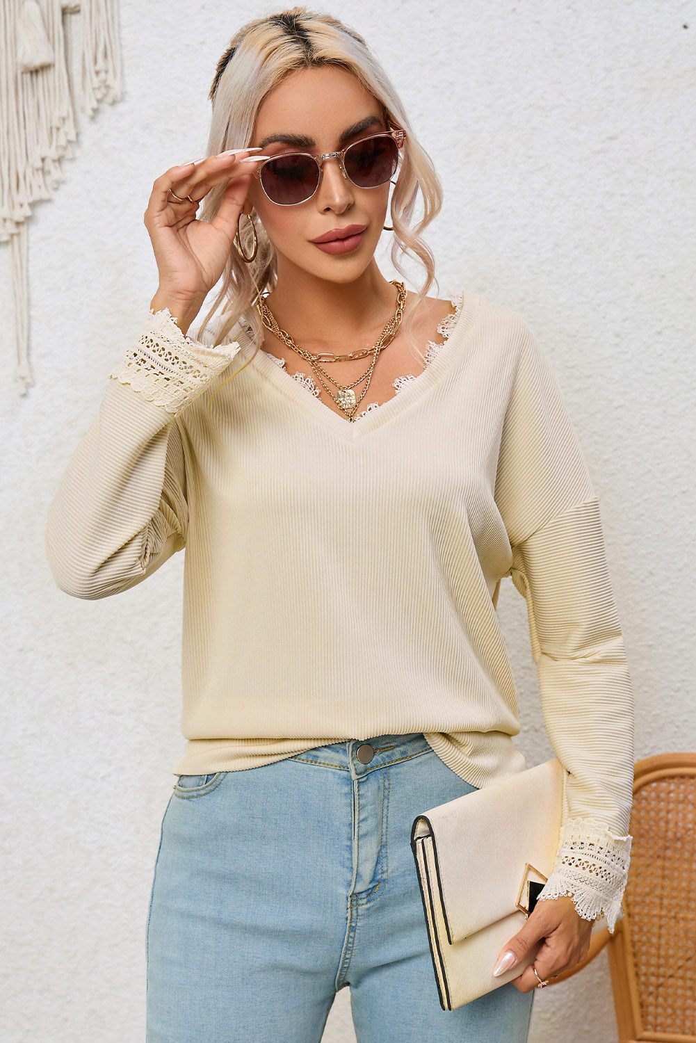 Apricot Ribbed V Neck Top