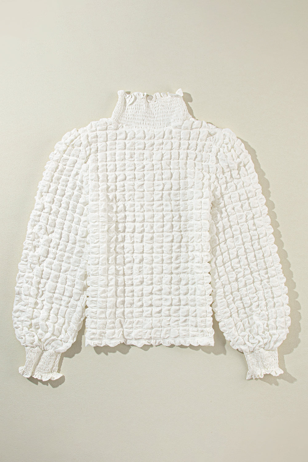 White Textured Smocked Mock Neck Puff Sleeve Top