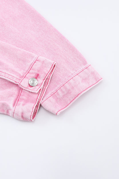 Pink Acid Wash Button Flap Pocket Denim Jacket