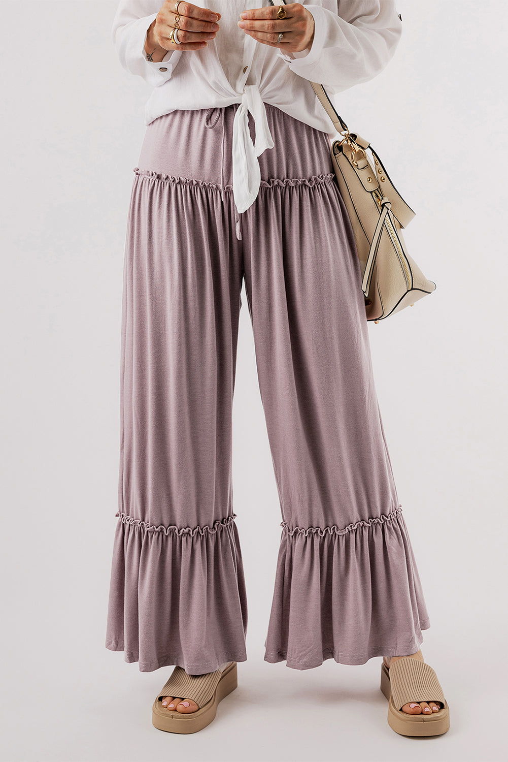 Khaki Frilled High Waist Wide Leg Pants