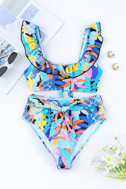 Green Tropical Print Ruffled High Waist Swimsuit