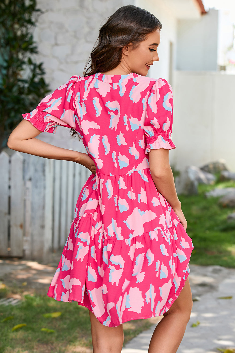 Pink Abstract Printed Puff Short Sleeve Tiered Loose Dress