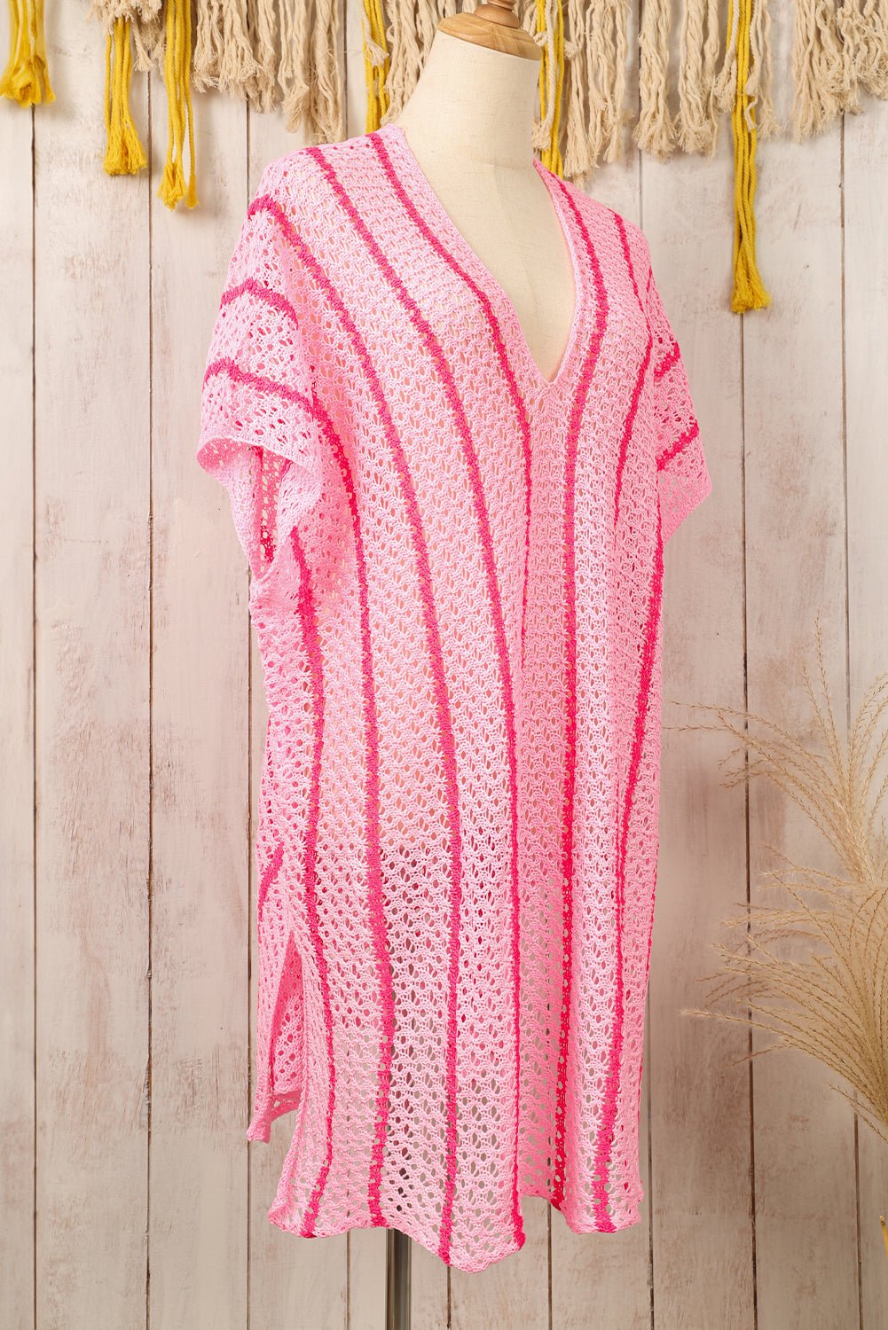 Pink Striped Crochet Neck Beach Cover Up