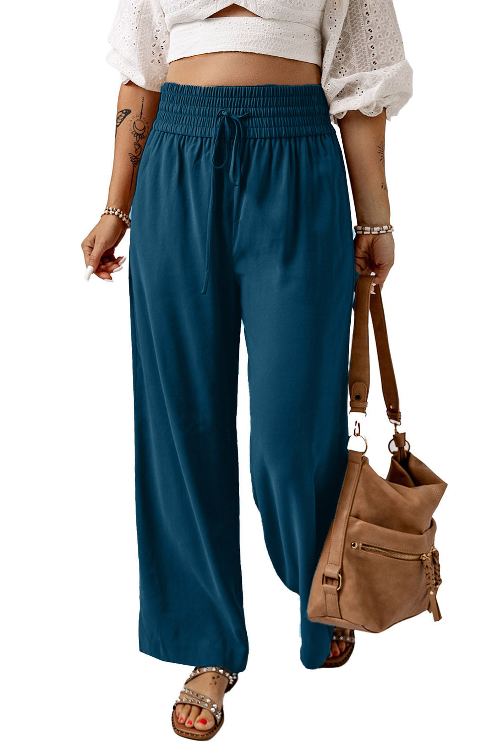 Blue Drawstring Elastic Waist Pants