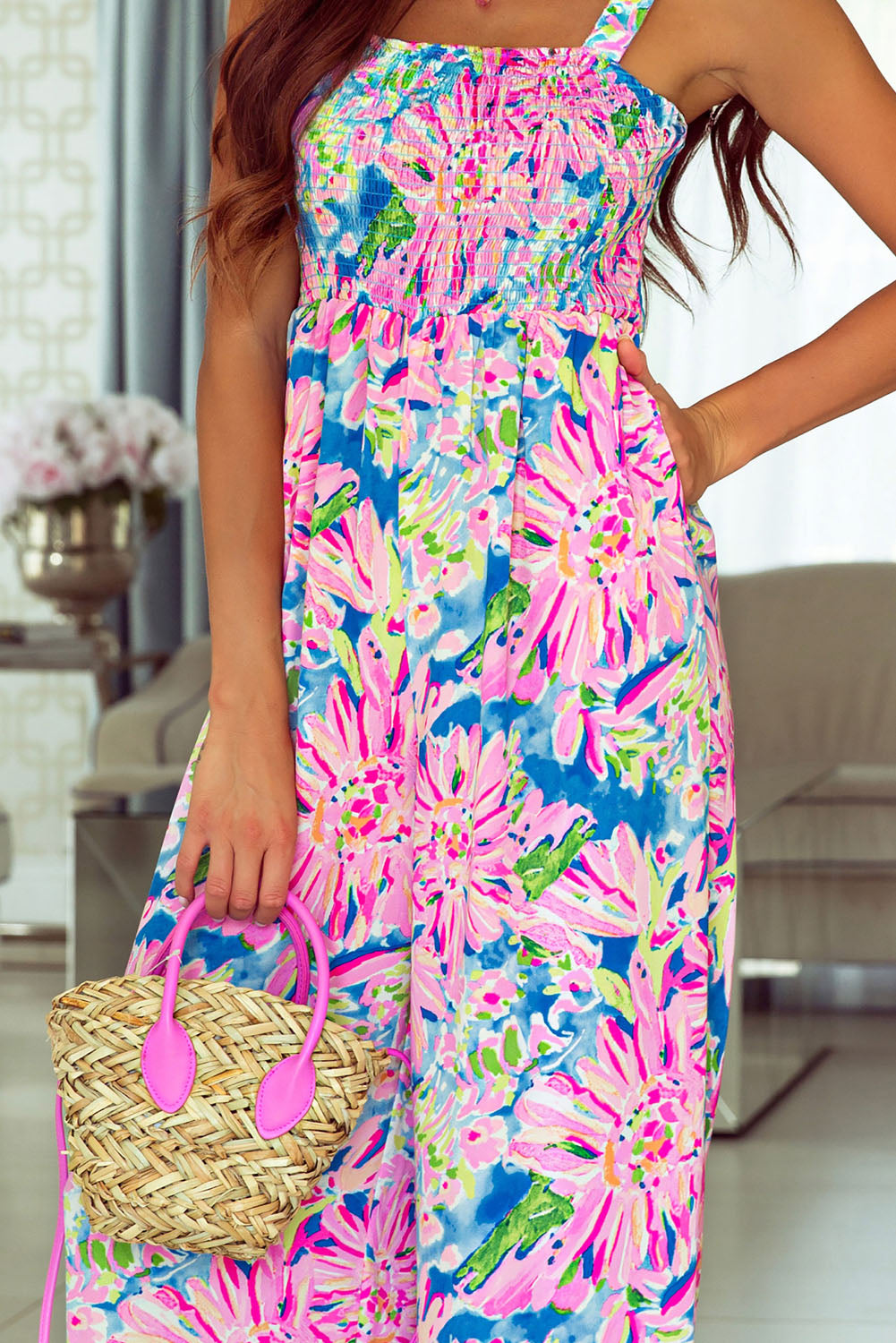 Pink Abstract Floral Painting Wide Leg Jumpsuit