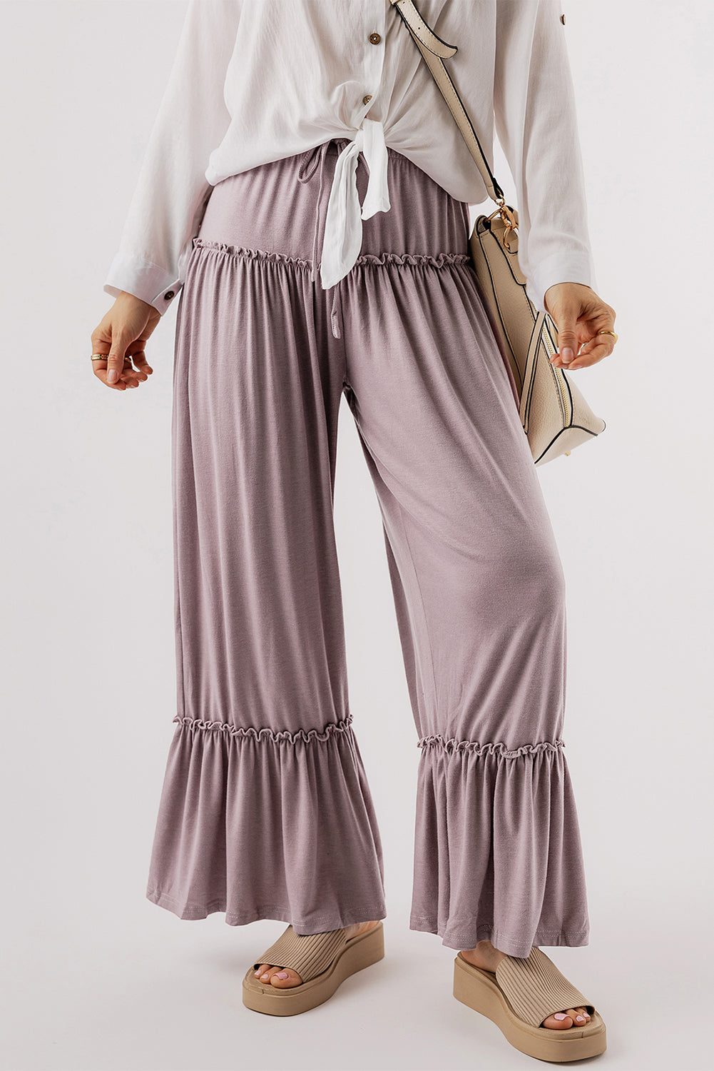 Khaki Frilled High Waist Wide Leg Pants