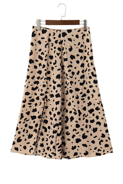 Khaki Leopard Spots Printed Split Hem Midi Skirt