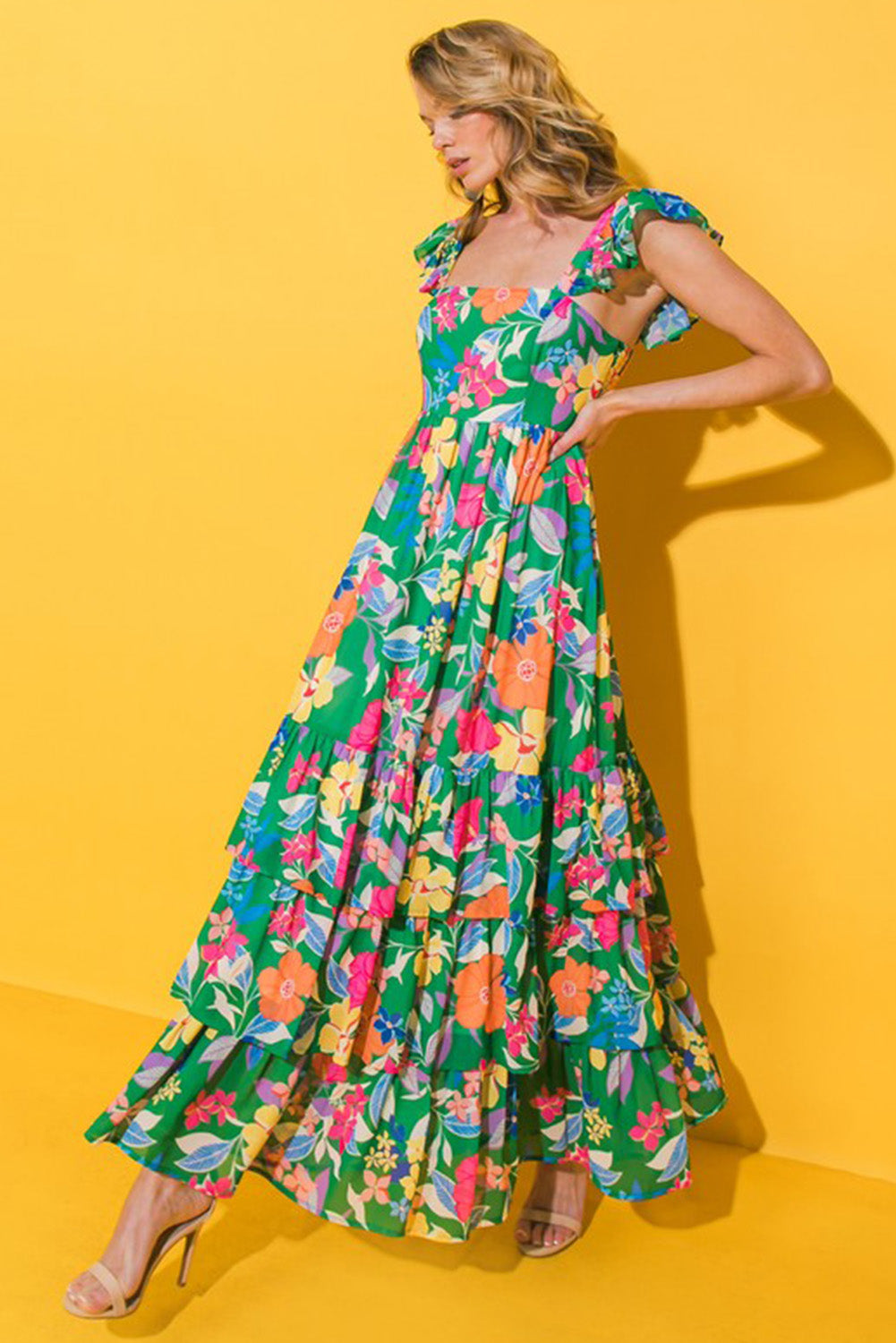 Green Floral Print Ruffle Maxi Dress