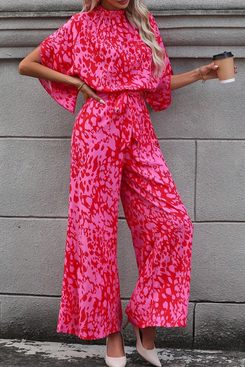 Rose Leopard Loose Sleeve Jumpsuit