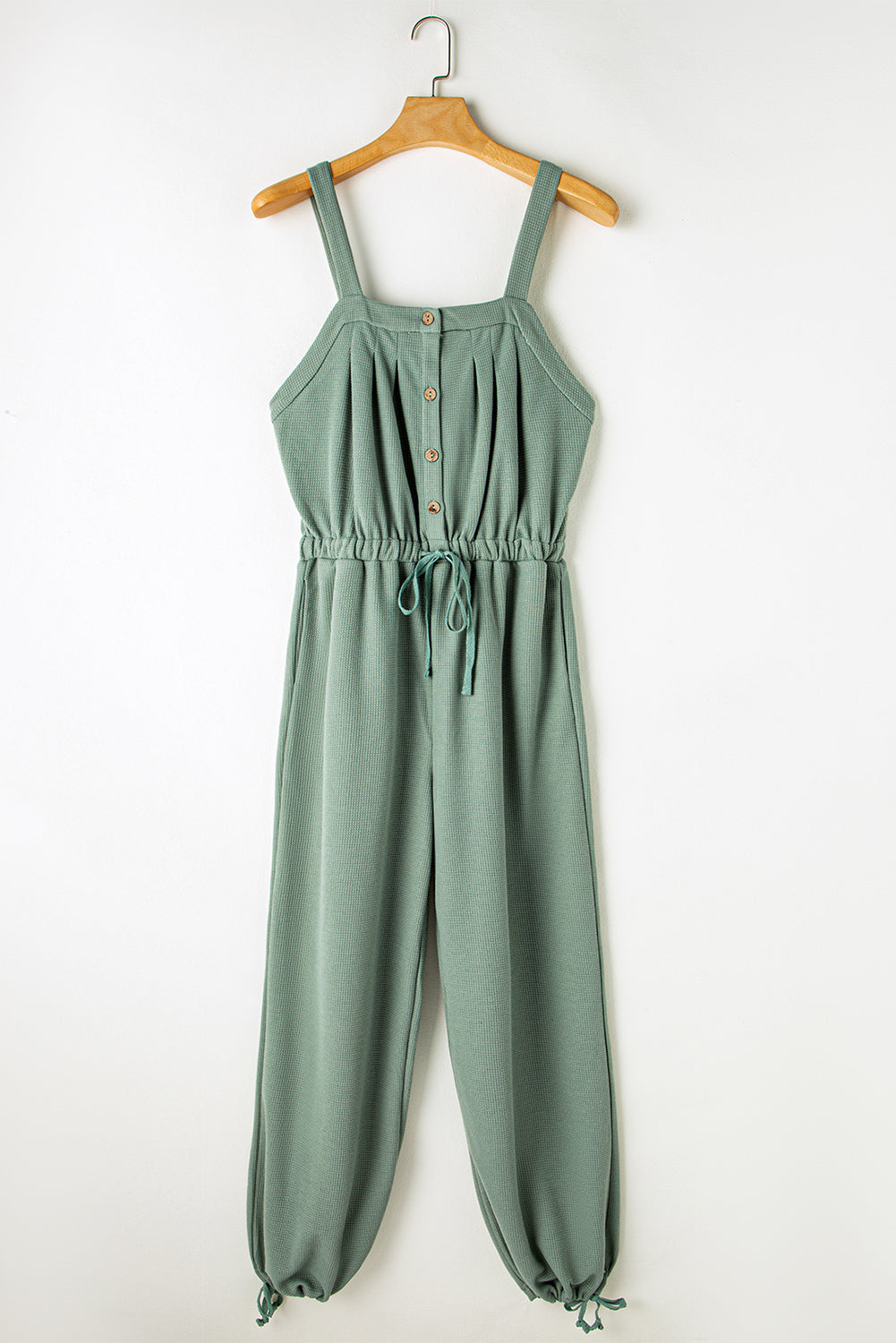 Moss Green Knotted Straps Button Textured Drawstring Jumpsuit