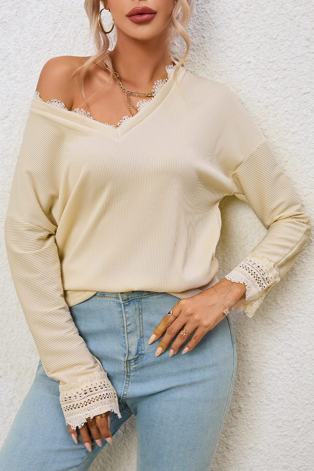 Apricot Ribbed V Neck Top