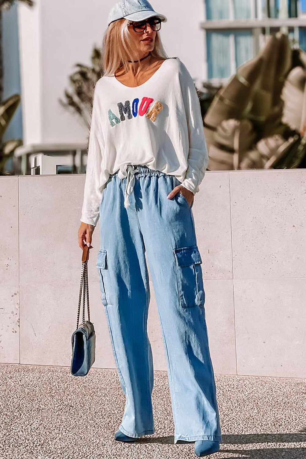 Sky Blue High Waist Cargo Jeans