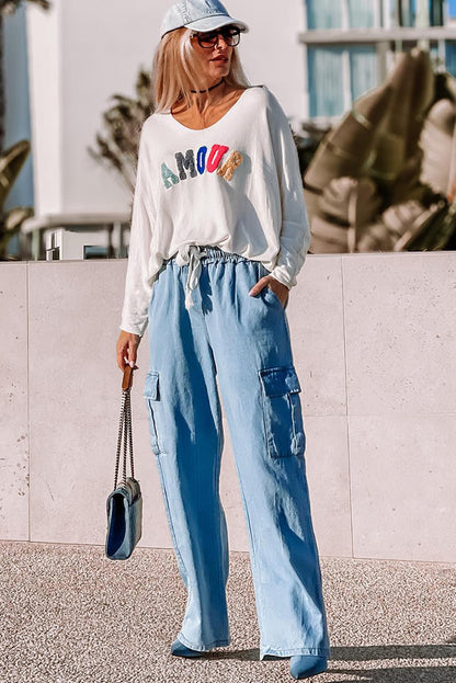 Sky Blue High Waist Cargo Jeans