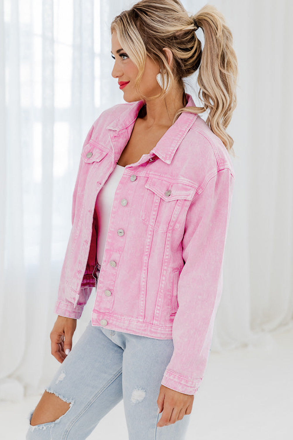 Pink Acid Wash Button Flap Pocket Denim Jacket