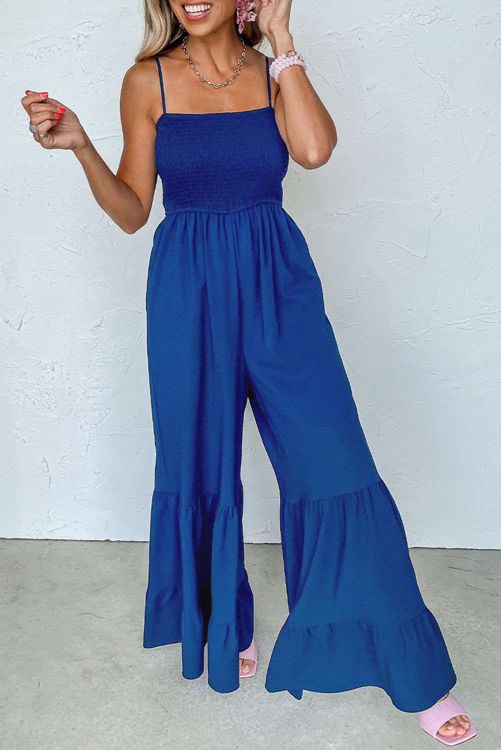 Navy Blue Spaghetti Straps Wide Leg Jumpsuit