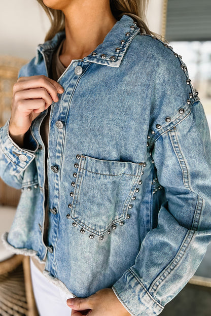 Sky Blue Studded Acid Wash Denim Jacket