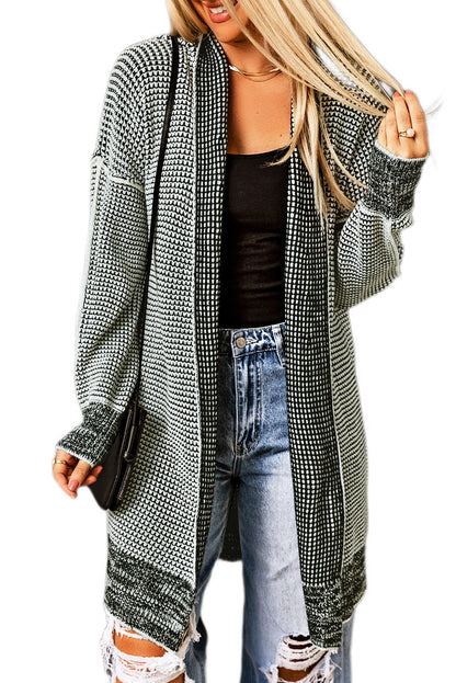 Gray Plaid Knit Long Cardigan